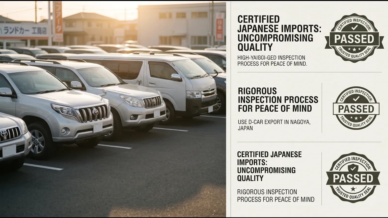 AVON's licensed used-car export lot in Nagoya, Japan — rows of inspected Japanese SUVs