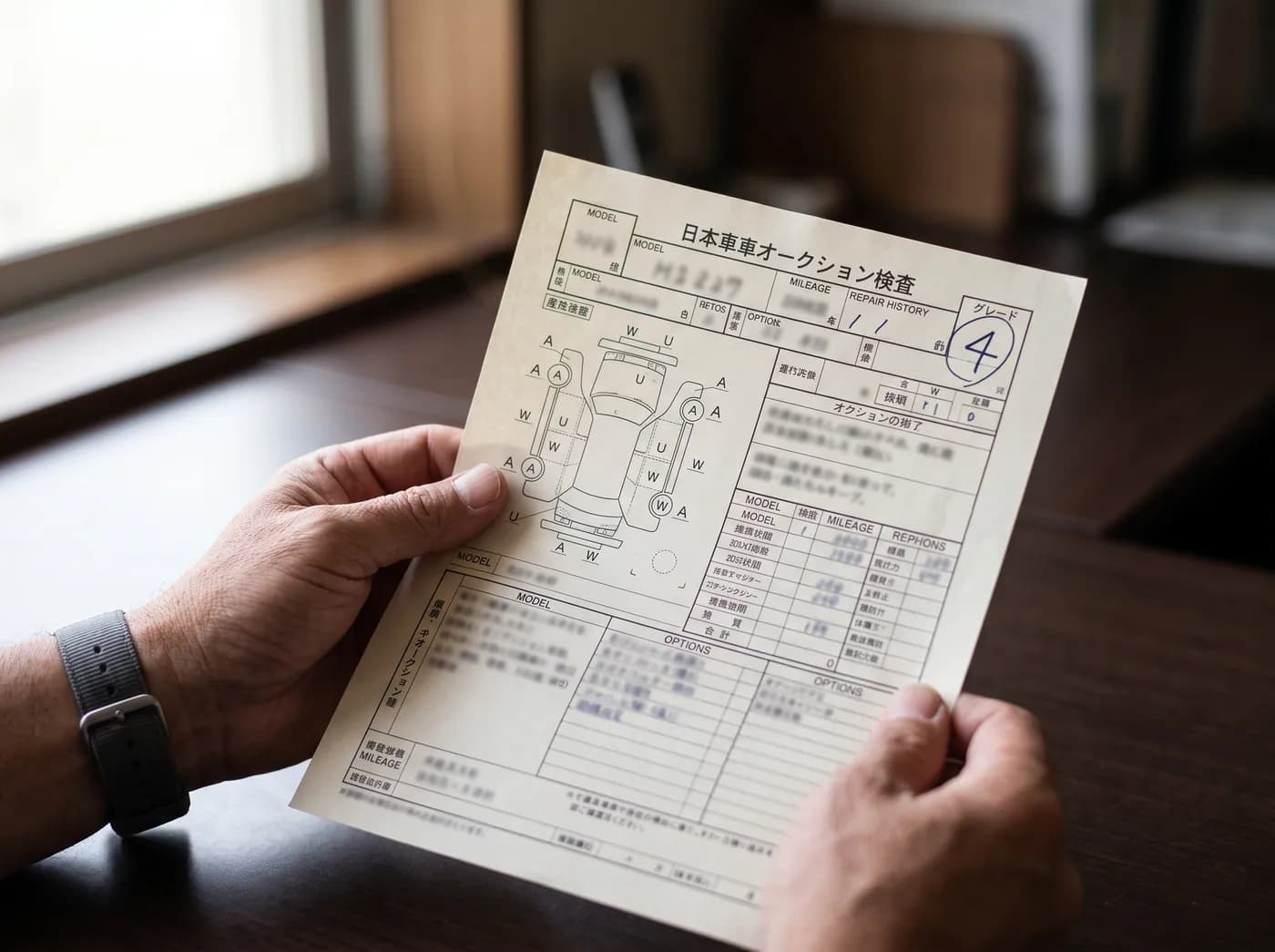 A real Japanese auction inspection sheet held in hand, showing the grade circle and body-condition map